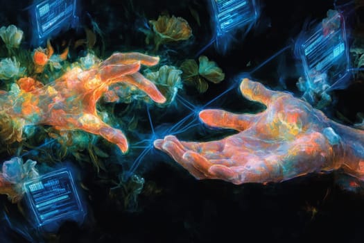 Holographic hands reaching out to floating digital ads, each glowing with vibrant colors. Blue-toned lines of data represent consumer reactions and impulses triggered by these ads.