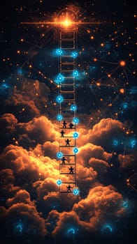 A holographic ladder ascends through a digital cloudscape, with glowing blue nodes on each rung representing key digital competencies. Workers climb the ladder, symbolizing development and readiness.