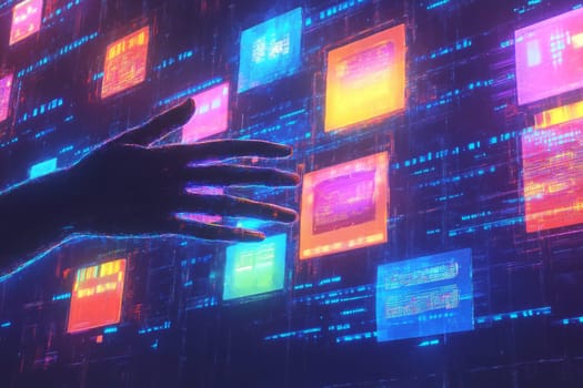 Holographic hands reaching out to floating digital ads, each glowing with vibrant colors. Blue-toned lines of data represent consumer reactions and impulses triggered by these ads.