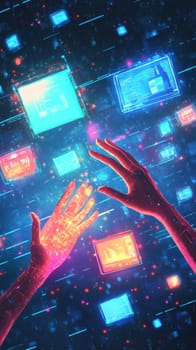 Holographic hands reaching out to floating digital ads, each glowing with vibrant colors. Blue-toned lines of data represent consumer reactions and impulses triggered by these ads.