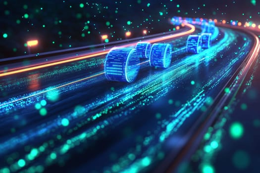 A highway of glowing digital streams with holographic assets speeding along, labeled with metadata tags.