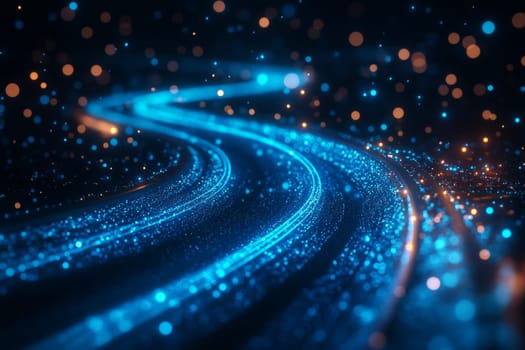 A glowing path made of holographic nodes represents a consumer’s journey from first ad exposure to purchase decision.