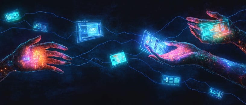 Holographic hands reaching out to floating digital ads, each glowing with vibrant colors. Blue-toned lines of data represent consumer reactions and impulses triggered by these ads.