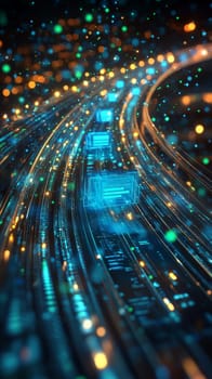 A highway of glowing digital streams with holographic assets speeding along, labeled with metadata tags.