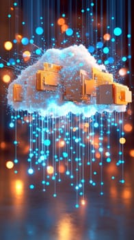A floating cloud of interconnected digital assets with glowing lines connecting each file. Blue-toned dots flow between them, symbolizing the seamless sharing and collaboration enabled by DAM systems.