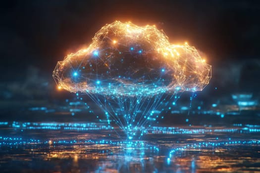 A floating cloud of interconnected digital assets with glowing lines connecting each file. Blue-toned dots flow between them, symbolizing the seamless sharing and collaboration enabled by DAM systems.