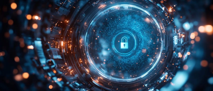 A holographic vault surrounded by glowing locks and chains, symbolizing restricted access. Blue-toned particle effects swirl around the vault, representing the protection of digital rights and assets.