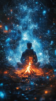 A digital nomad sits by a holographic campfire, surrounded by blue-toned particles and abstract network lines, symbolizing the fusion of nature, travel, and technology in their lifestyle.
