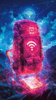 A digital backpack glowing with holographic icons (laptop, Wi-Fi symbol, smartphone) is carried across a landscape of interconnected lines, representing the tools of a digital nomad on the move.