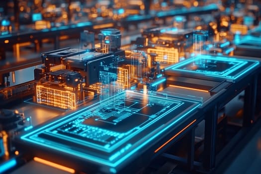 A glowing assembly line is mirrored by its digital twin, with holographic overlays showing real-time performance data.