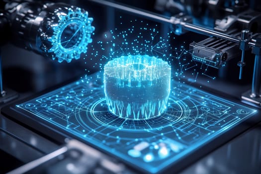 A 3D-printed object is surrounded by its glowing digital twin, with blue dots and lines overlaying the design.