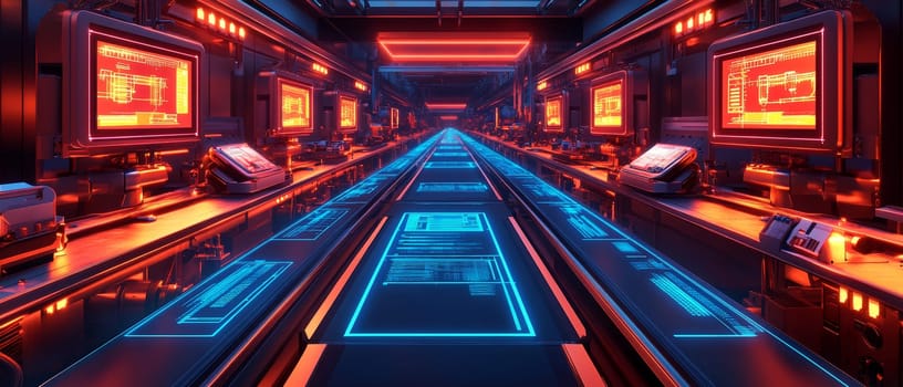 A glowing assembly line is mirrored by its digital twin, with holographic overlays showing real-time performance data.