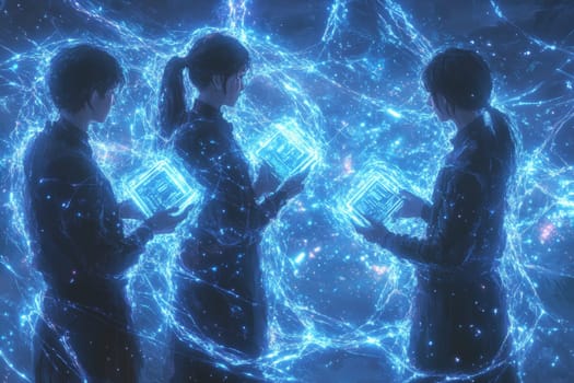 A glowing web of blue lines connects people holding holographic devices, symbolizing the interconnectedness of crowdfunding.