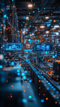 A control room filled with holographic screens displaying digital twins of machines on the factory floor.