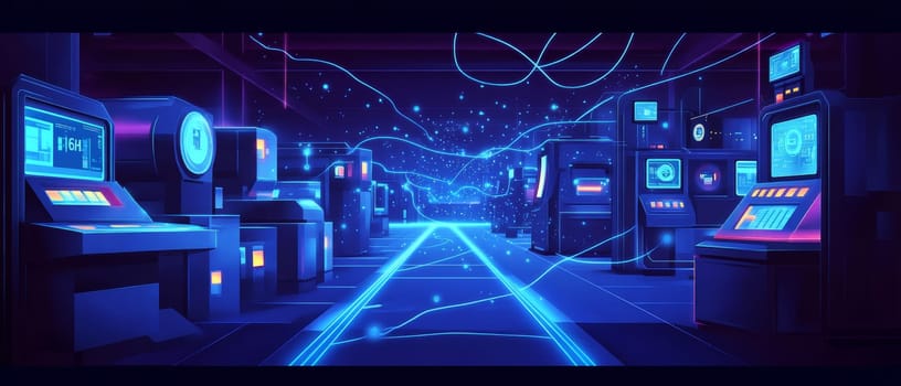 A holographic factory floor with multiple machines is linked by blue-toned lines to their digital twins.