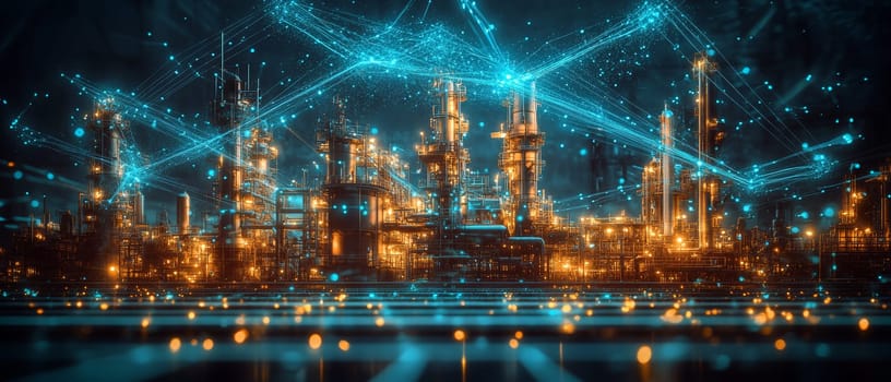 A holographic factory is mirrored by a digital twin floating above it, connected by glowing blue lines.