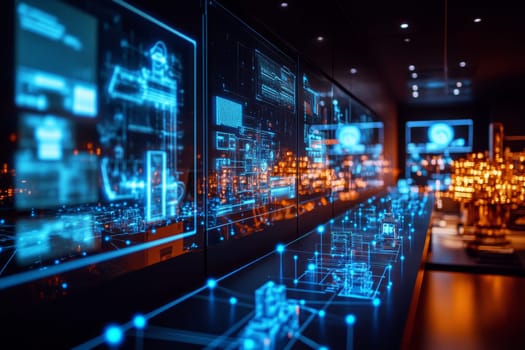 A control room filled with holographic screens displaying digital twins of machines on the factory floor.