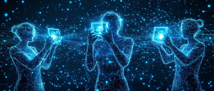 A glowing web of blue lines connects people holding holographic devices, symbolizing the interconnectedness of crowdfunding.