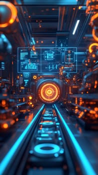 A glowing assembly line is mirrored by its digital twin, with holographic overlays showing real-time performance data.