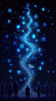 A digital tree made of blue holographic lines and particle effects grows upward, with leaves representing different crowdfunding projects.