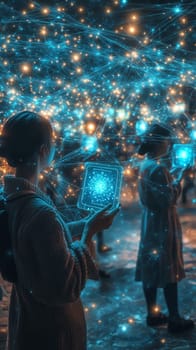 A glowing web of blue lines connects people holding holographic devices, symbolizing the interconnectedness of crowdfunding.
