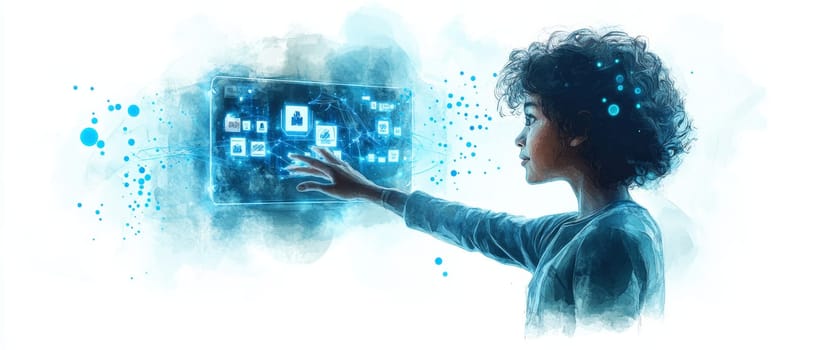 A person reaches out to a holographic screen displaying various causes, with blue-toned dots and lines flowing toward the screen.