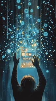 A person reaches out to a holographic screen displaying various causes, with blue-toned dots and lines flowing toward the screen.