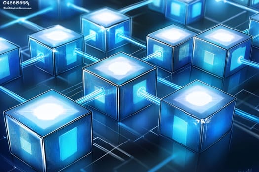 A futuristic representation of a blockchain with blue and white glowing blocks connected by holographic lines.