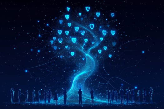 A digital tree made of blue holographic lines and particle effects grows upward, with leaves representing different crowdfunding projects.