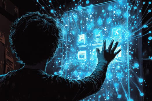 A person reaches out to a holographic screen displaying various causes, with blue-toned dots and lines flowing toward the screen.