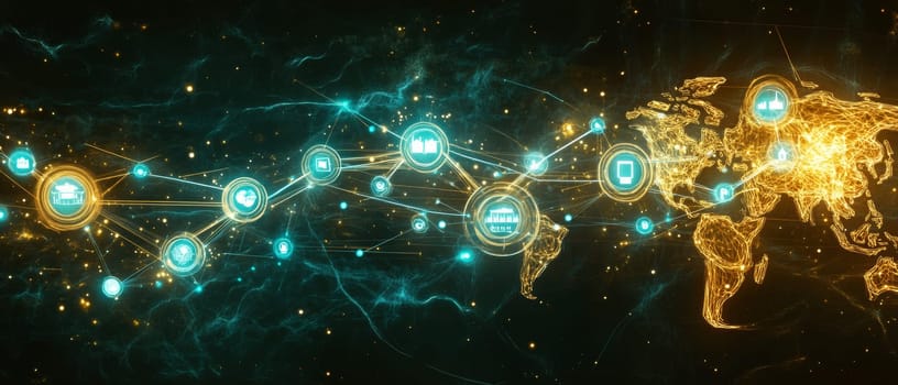 A map of the world is overlaid with holographic icons representing different crowdfunding projects, connected by glowing lines.