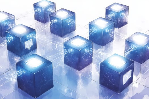 A futuristic representation of a blockchain with blue and white glowing blocks connected by holographic lines.