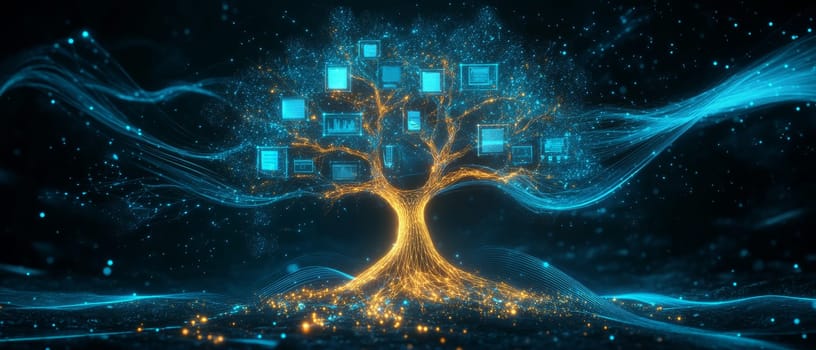 A tree made of glowing digital lines and dots represents a family tree, with each branch holding digital assets and documents.