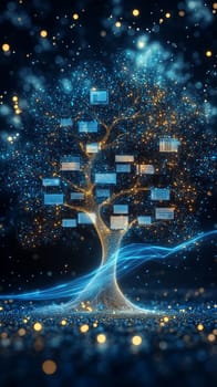 A tree made of glowing digital lines and dots represents a family tree, with each branch holding digital assets and documents.