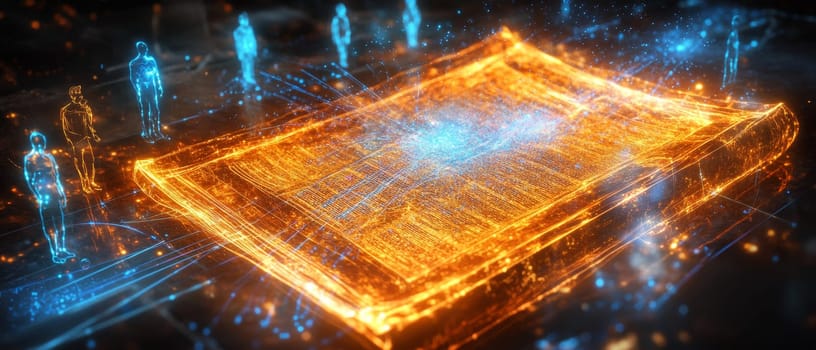A futuristic will displayed as a glowing holographic document, with blue lines connecting it to family members.