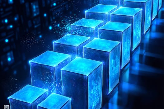 A glowing chain of blue blocks, each representing a family member’s digital estate, connected by holographic lines.