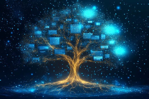 A tree made of glowing digital lines and dots represents a family tree, with each branch holding digital assets and documents.