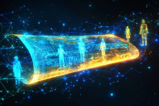 A futuristic will displayed as a glowing holographic document, with blue lines connecting it to family members.
