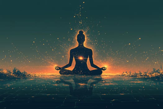 A serene human figure sits in meditation as glowing digital lines and particle effects disconnect from their body.