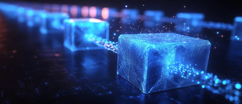 A glowing chain of blue blocks, each representing a family member’s digital estate, connected by holographic lines.