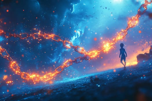 A person breaks free from glowing, holographic chains that represent digital connections.