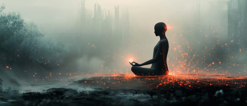 A serene human figure sits in meditation as glowing digital lines and particle effects disconnect from their body.