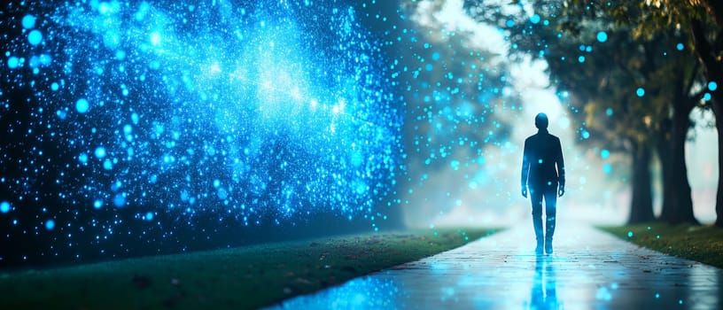 A giant glowing screen with blue particle effects is fading, while a person walks away into a peaceful natural scene.