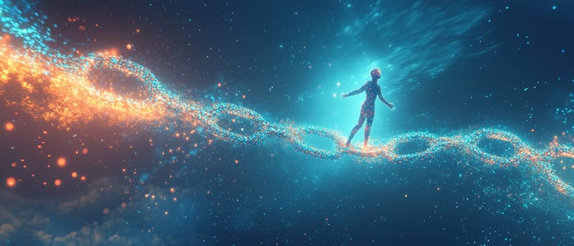 A person breaks free from glowing, holographic chains that represent digital connections.
