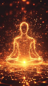 A serene human figure sits in meditation as glowing digital lines and particle effects disconnect from their body.