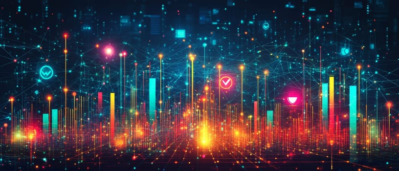 Abstract, floating charts, bars, and pie graphs hover within a matrix of glowing lines and nodes, symbolizing the interconnected digital networks that power marketing analytics in a vast virtual landscape.