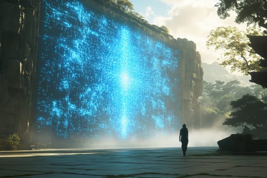 A giant glowing screen with blue particle effects is fading, while a person walks away into a peaceful natural scene.