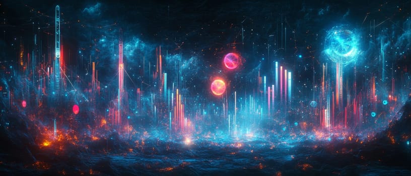 Abstract, floating charts, bars, and pie graphs hover within a matrix of glowing lines and nodes, symbolizing the interconnected digital networks that power marketing analytics in a vast virtual landscape.