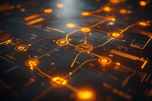 A series of illuminated paths and nodes represent the user journey through a digital interface.