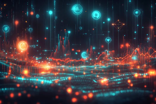 An abstract landscape filled with floating, glowing graphs and pie charts connected by lines and dots.